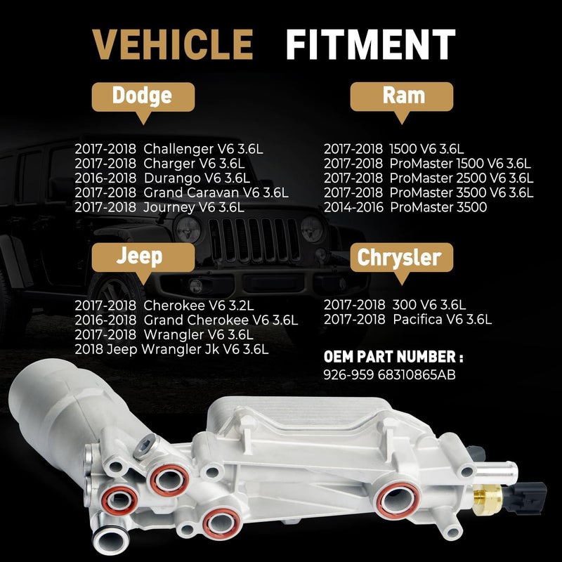 ZARDETO 926-959 Upgrade Aluminum Engine Oil Filter Housing Oil Cooler Kit for 2017-2018 Jeep Wrangler Grand Cherokee Dodge Challenger Charger Journey Caravan Durango Chrysler 200 300 Ram ProMaster 3.6 926-876 - Image 2